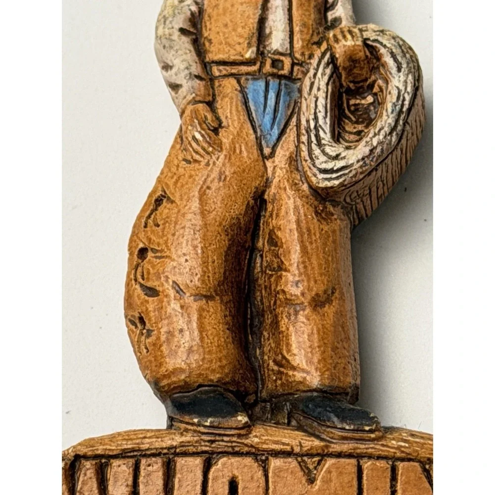 Vintage Wooden Wyoming Cowboy Shaped Refrigerator Magnet